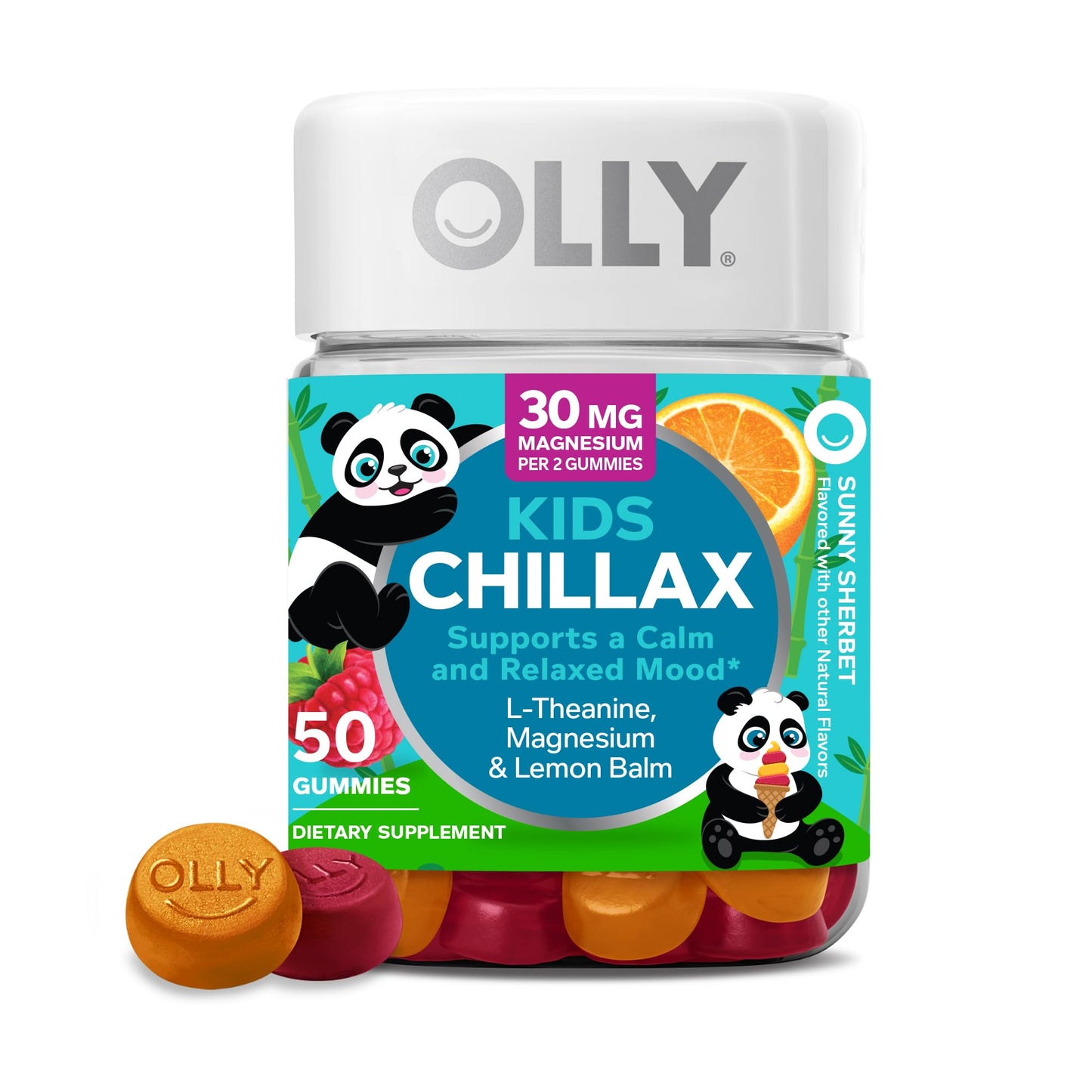 OLLY Kids Chillax Gummies L-Theanine Magnesium Lemon Balm Chewable Supplement Sherbet Flavor with Other Natural Flavor - 50 Count
