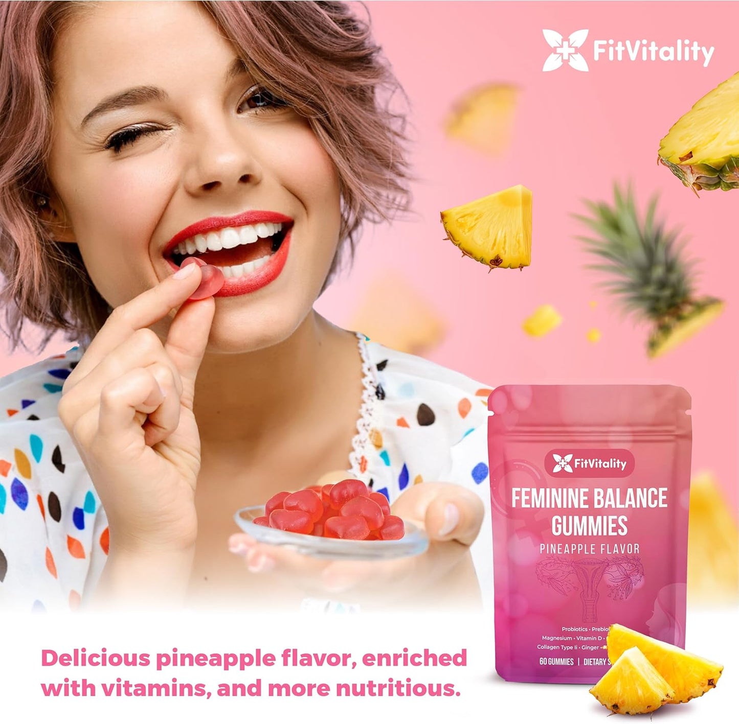 Premium Feminine Balance Gummies – Vaginal Probiotics & Support Digestive Health – Probiotics, Collagen Type II, Chasteberry, Vitamin D & Magnesium