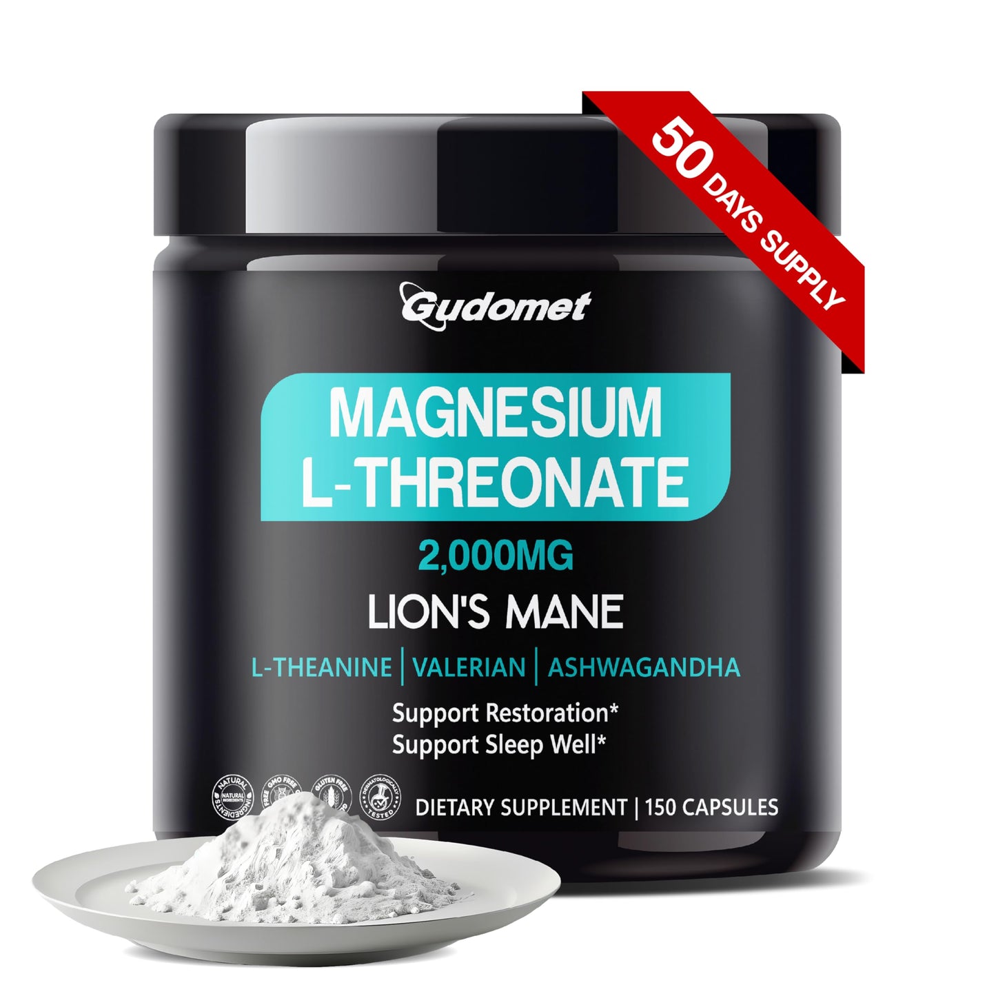 Magnesium L-THREONATE 2000MG with Lions Mane Ashwagandha L-Theanine & Valerian - Support Restoration - -150 Capsules- Made in USA