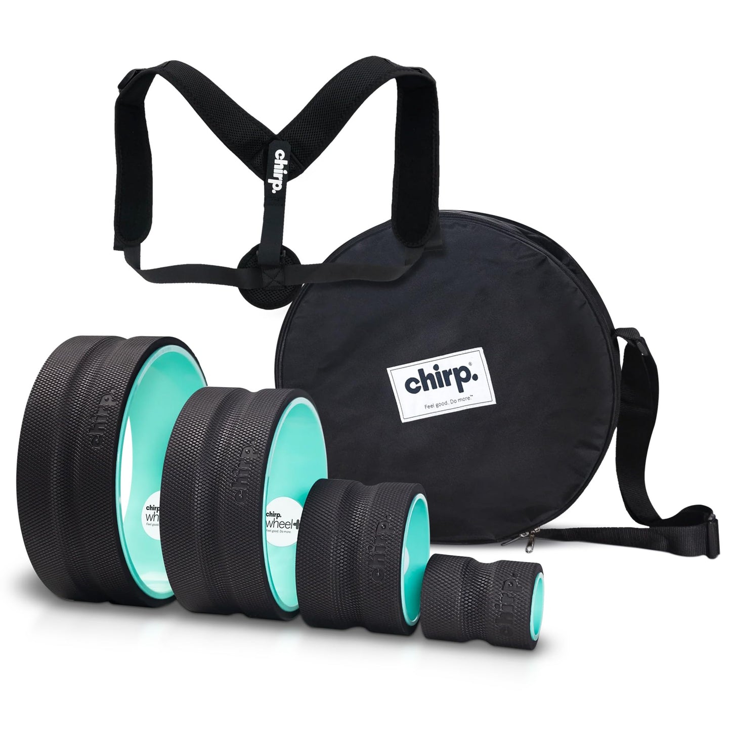 Ultimate Back + Neck Bundle 4-Pack Chirp Wheel Carrying Case and Upper Back Posture Corrector Includes Focus Deep Tissue Firm and Gentle Wheel Roller Holds Up to 500 lbs.