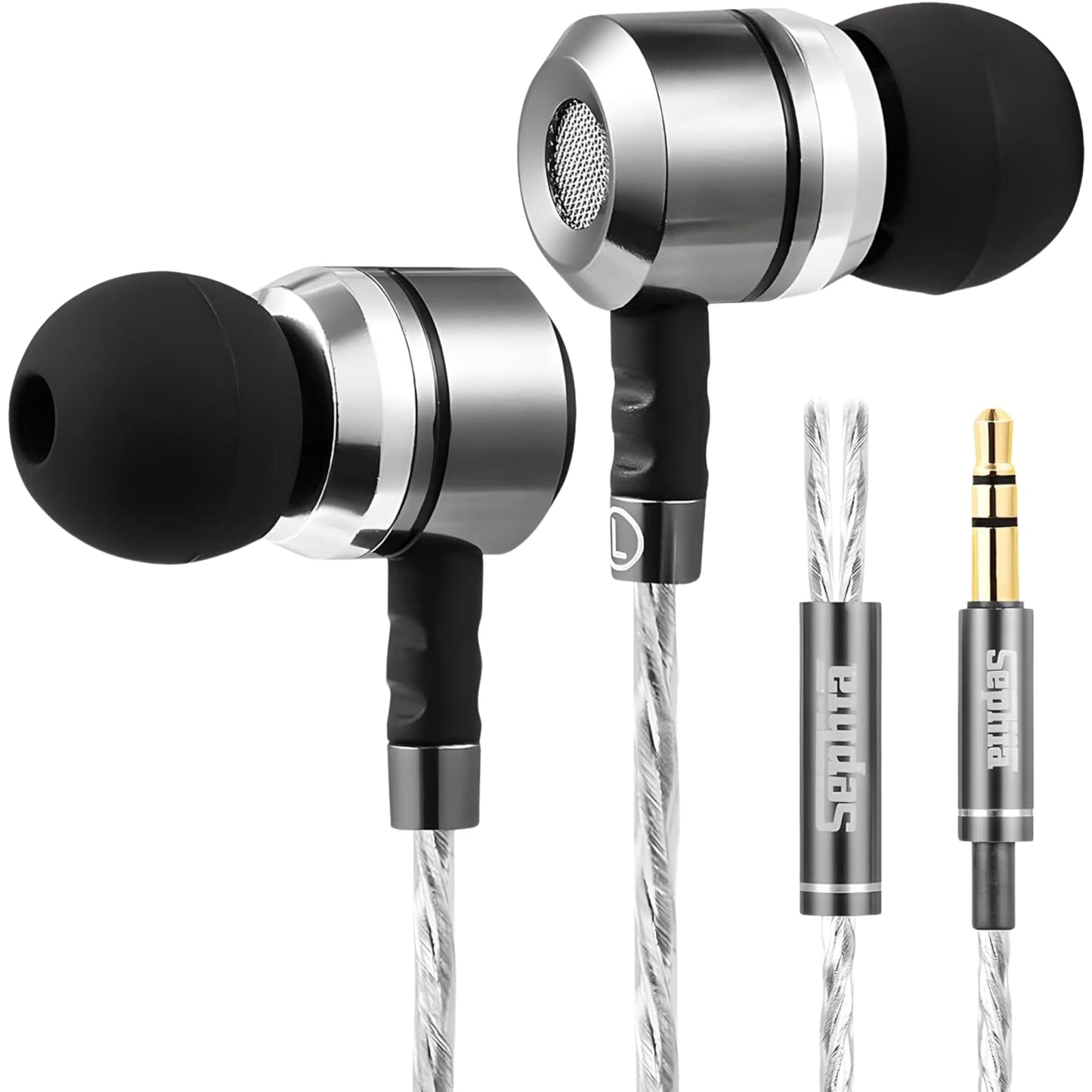 Sephia SP3060 Wired Headphones HD Bass Driven Audio Lightweight Aluminum Wired in Ear Earbud Headphones S/M/L Ear Bud Tips Earphone Case 3.5mm Tangle-Free Cord No Mic